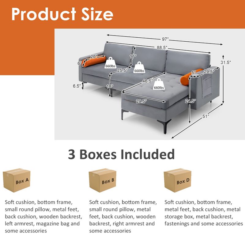 Costway Modular L-shaped Sectional Sofa with  Reversible Chaise & 2 USB Ports Ash Grey, 4 of 11