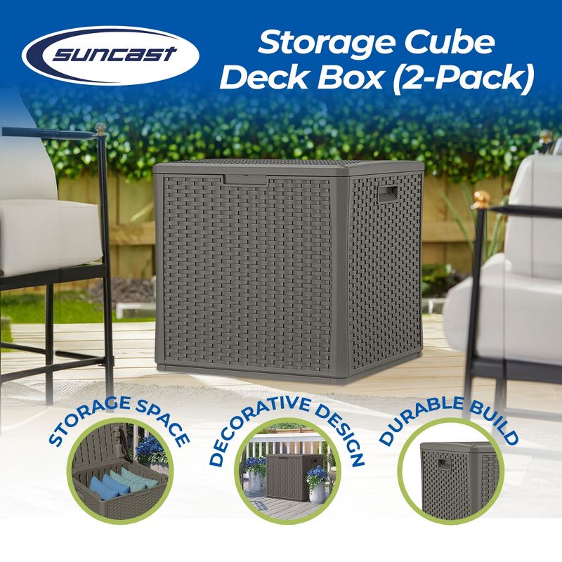 Suncast 60 Gallon Outdoor Storage Resin Wicker Design Cube Shape Patio Deck Box, 2 of 7