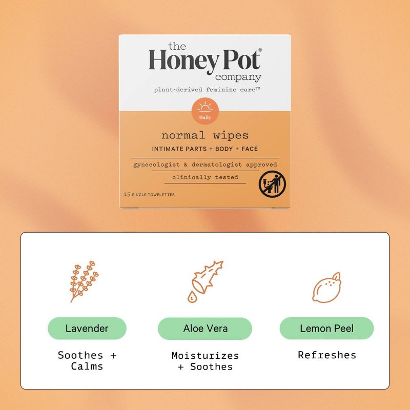 The Honey Pot Company, Normal Feminine Cleansing Wipes, Intimate Parts, Body or Face, 4 of 13