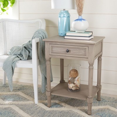 Greige Turned-Leg 22" Wood & Stone Accent Table with Drawer