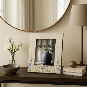 Elegant Rectangle Picture Frame with Flower Field Bottom Border - Decorative Resin Photo Frame for Tabletop Display - Ivory & Green - 1 of 4