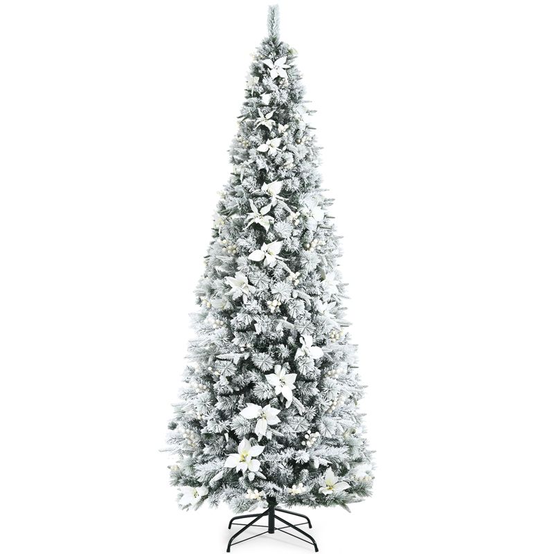 Tangkula Pre-Lit Lifelike Xmas Tree 5FT Snow-Flocked Slim Christmas Tree W/ 339 Branches Tips, 1 of 11