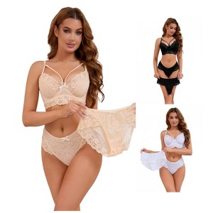 INSPIRE CHIC Women's 3 Sets Cross Straps Full Coverage Bralette and Panty Mesh Floral Lace Underwear Set - 1 of 4