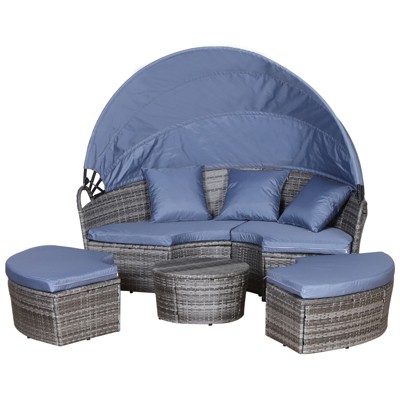 Gray and Blue Cushioned Rattan Wicker Outdoor Daybed with Canopy