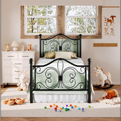 Allewie Kids Metal Bed Frame with Butterfly Headboard and Footboard, No Box Spring Needed