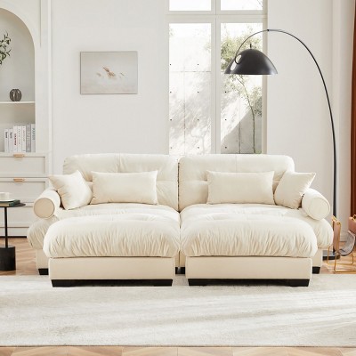 Modern 2 Seater Sofa With Ottoman, Sectional Sofas Large With 2 Ottoman, Large L Shape Sofa With Waist Pillow And Throw Pillows-Cuddlewood