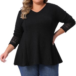 Agnes Orinda Women's Plus Size Waffle Lace Patchwork Long Sleeve V Neck Casual Flowy Blouse - 1 of 4