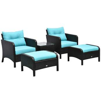Outsunny 5 Pieces Rattan Wicker Lounge Chair Outdoor Patio Conversation Set with 2 Cushioned Chairs, 2 Ottomans & Glass Top Coffee Table, Blue