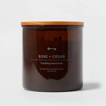 3-Wick Amber Glass Rose + Cedar Lidded Wooden Wick Jar Candle 21oz - Threshold™