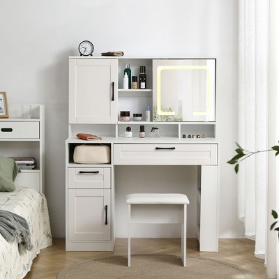 NicBex 29.2" Vanity Table with Sliding Mirror & Cushioned Stool,  Multi-Layer Storage, Dressing Table for Bedroom,White