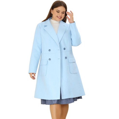 Agnes Orinda Women's Plus Size Winter Notched Lapel Double Breasted Long  Overcoats Blue 1X