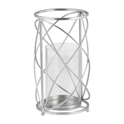 Sagebrook Home Decorative Hurricane Pillar Candle Holder, Removable Glass Hurricane, Home or Wedding Decor, Metal, Silver, 7 L x 7 W x 13 H Inches