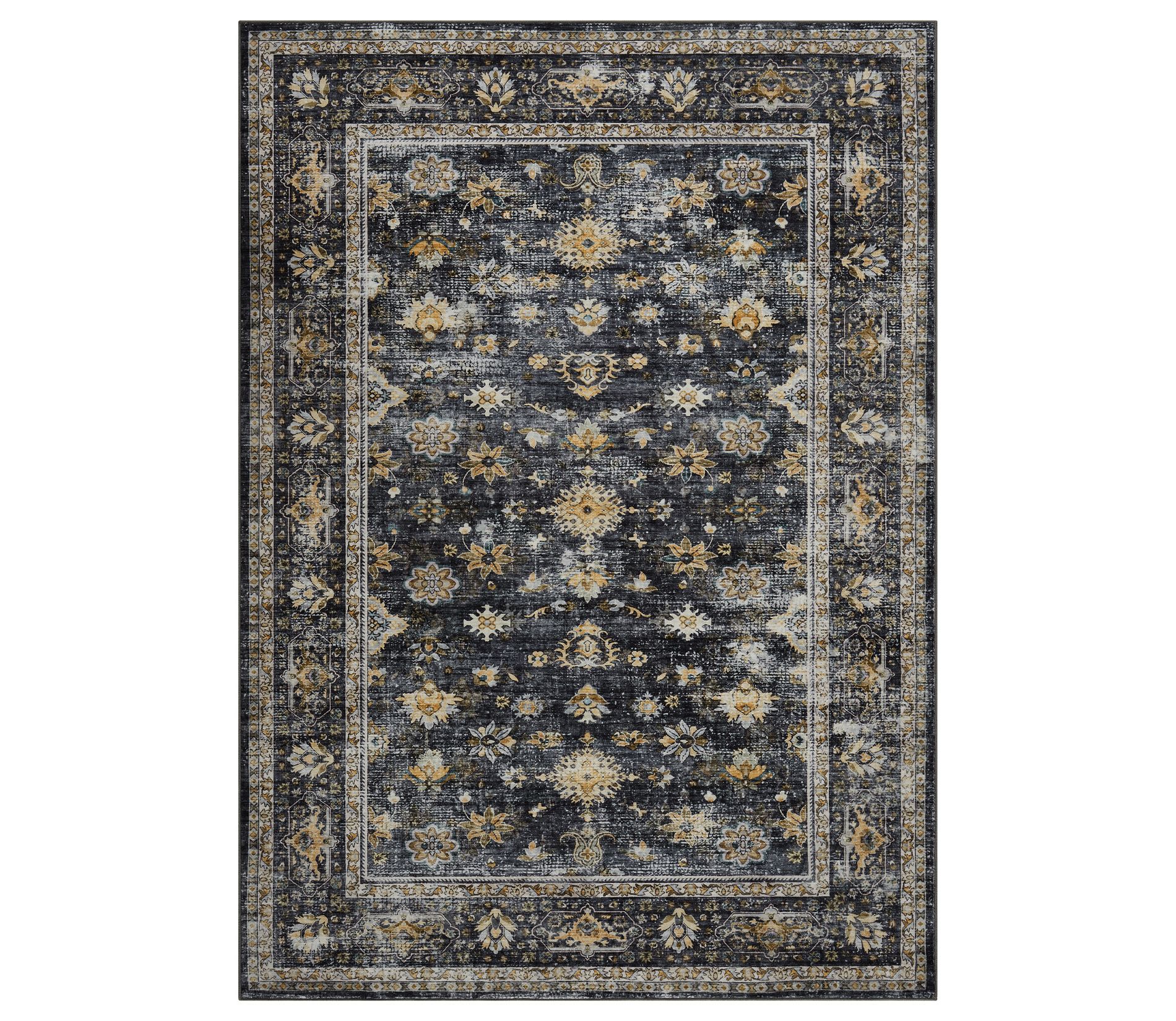 Area Rug 5'x7' Indoor Vintage Living Room Carpet Washable Distressed Rug Black Floral Bedroom Rug Retro Accent: Stain-Resistant, Pet Friendly