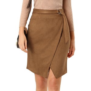 Allegra K Women's A-Line Knee Length Front Slit Wrap Faux Suede Skirt - 1 of 4