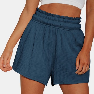 Women's Blue Smocked Waist Flared Leg Shorts - Cupshe