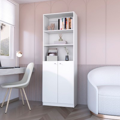 TOAOTBNBO Modern Bookcase and Bookshelf with 2 Door, 3 Open Bookshelves with Storage Cabinet Wood Display Book Shelf for Living Room, White