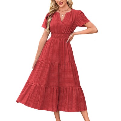 Womens Pleated Dress Cotton Tiered Breathable Dress for Summer Lightweight Short Sleeve V Neck Maxi Dresses Elastic Waist Boho Dress