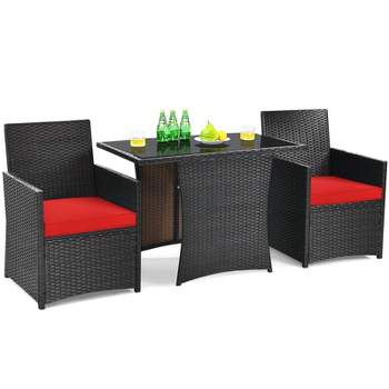 Tangkula 3PCS Patio Rattan Dining Set Space-Saving Furniture Set with Tempered Glass Top Table and Cushioned Chairs
