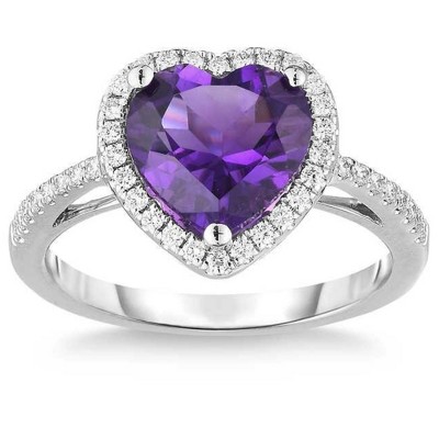 Pompeii3 8mm Heart Amethyst & Diamond Ring in 14k White Gold