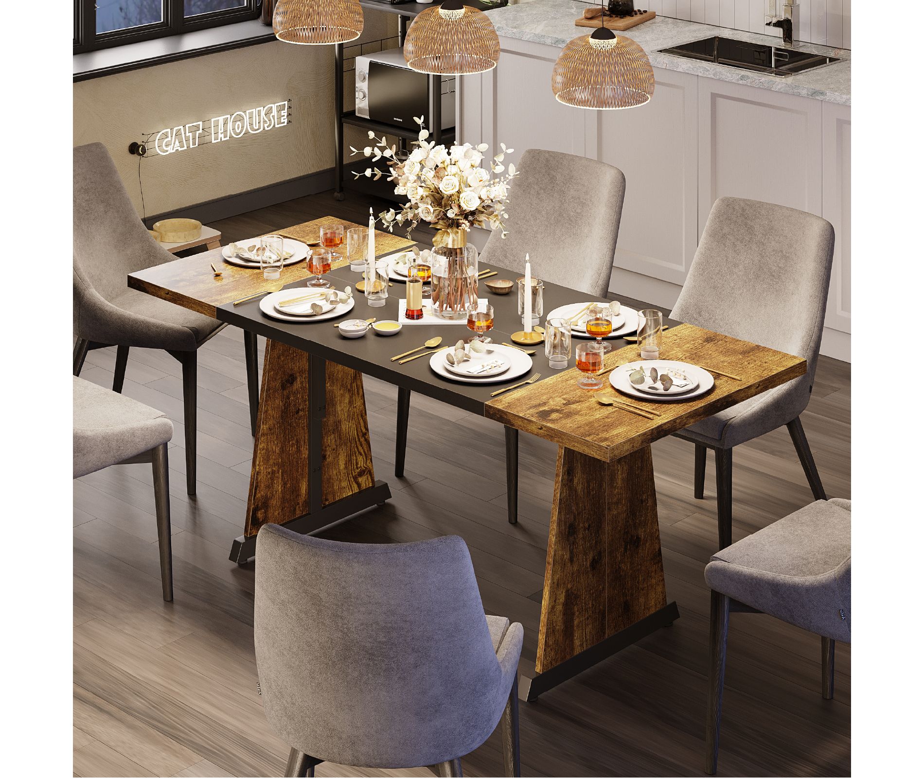 Bestier 70" Wooden Dining Table & Metal Kitchen Table Computer Gaming Desk for Home Office, Brown