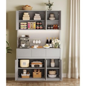 Kitchen Pantry Cabinet, Kitchen Storage Hutch with Glass Door, Handless Design and Adjustable Shelves, LED Lights - 1 of 4