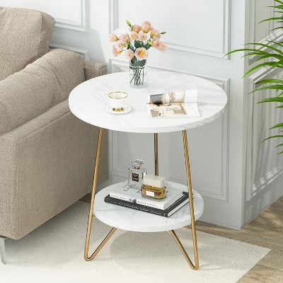 Hommoo End Table, 2-Tier Round Sofa Bedside Table with Shelves
