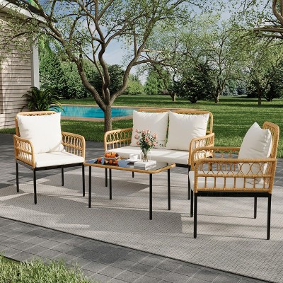 4 Pieces Outdoor Wicker Patio Conversation Bistro Set