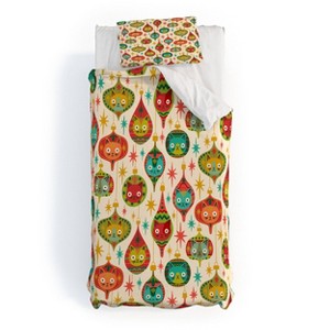 Deny Designs Twin/ Twin Extra Long Carriecantwell Meowy Christmas Duvet Cover and Pillow Sham Green - 1 of 4