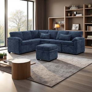 97" Chenille L-Shaped Convertible Sectional Sofa Bed with Ottoman - 1 of 4