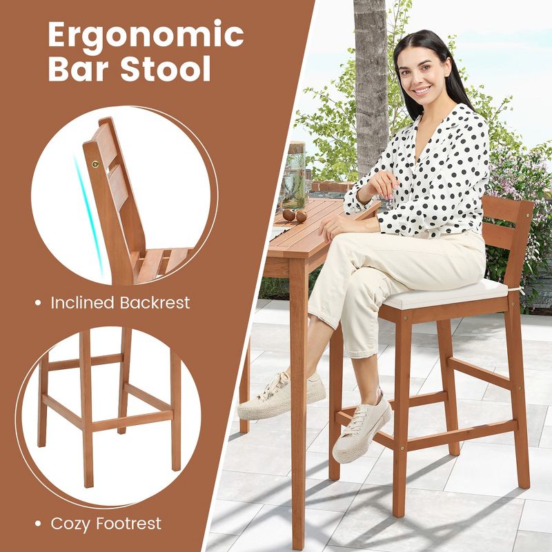 Tangkula Patio Eucalyptus Wood Bar Stools Set of 2 Outdoor Bar Height Patio Chairs w/ Cushions, 3 of 8