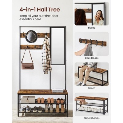 Rustic Brown and Black Hall Tree with Storage Bench