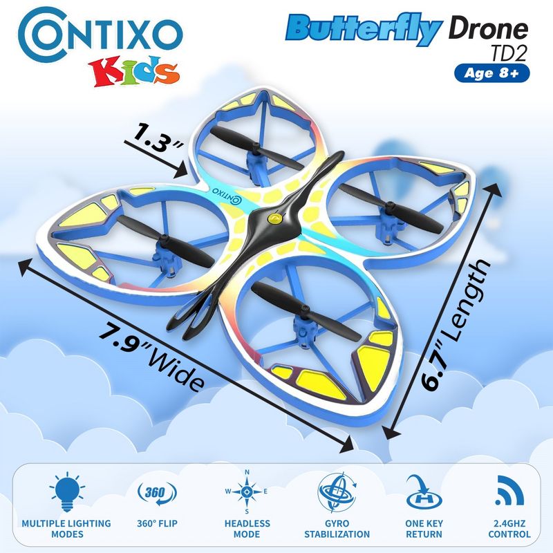 Contixo TD2 Butterfly RC Drone: 3D Flip, Headless Mode, LED Lights, Propeller Protection, 2 of 13