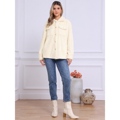 Женские куртки INSPIRE CHIC Women's Faux Fur Lapel Collar Button Down Outerwear Fleece Jacket Large Beige — фото 4