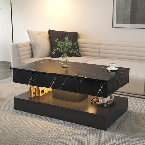 Modern Coffee Tables for Living Room, LED Coffee Table, Storage Coffee Table, Wood Center Table with 2 Drawers and Open Side Shelf, White - 1 of 4