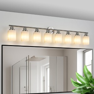 Angel Sar 52" Modern 8-Light Vanity Wall Sconce, Brushed Nickel Finish with Frosted Glass Shades, for Bathroom Mirror and Hallway Lighting - 1 of 4