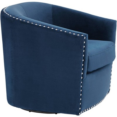 Navy Blue Fabric Swivel Barrel Chair with Silver Nailhead Trim