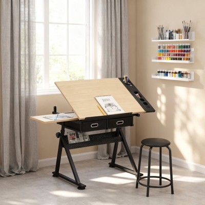 Homy Casa Adjustable Drafting Table with Stool and Storage Drawers, Art Studio Workstation, Natural and Black