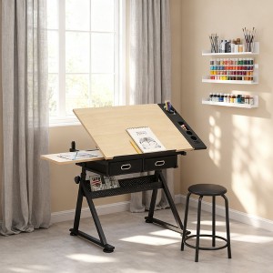 Homy Casa Adjustable Drafting Table with Stool and Storage Drawers, Art Studio Workstation, Natural and Black - 1 of 4