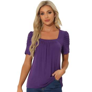 Allegra K Women's Basic Sleeve Solid Knitted Square Neck Pleated Casual Tops