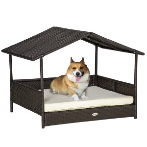 Skyzone Elevated Rattan Dog Cabana with Weatherproof Cushion, Indoor/Outdoor Pet House for - 1 of 4