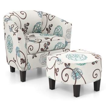 Costway Barrel Modern Accent Tub Upholstered Chair French Print with Ottoman Grey Floral