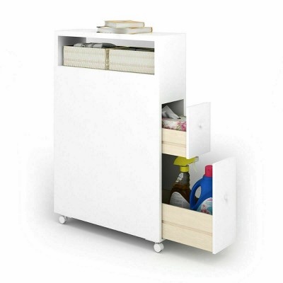 Costway Wood Floor Bathroom Storage Organizer Rolling Cabinet Holder  Bath Toilet w/Drawers White