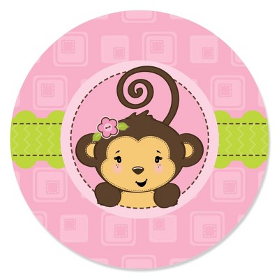 Big Dot of Happiness Pink Monkey Girl - Baby Shower or Birthday Party Circle Sticker Labels - 24 Count