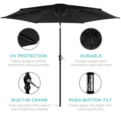10ft Black Powder-Coated Steel Outdoor Patio Umbrella with Crank