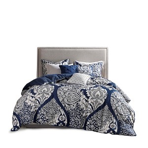 Gulches Multicolor Blue Transitional Intricate Damask 200TC Cotton Sateen with Polyester Fill Full Queen 6 Piece Printed Duvet Cover Set Blanket - 1 of 4