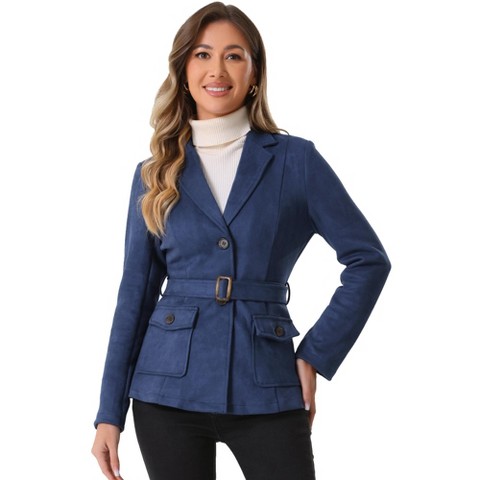 INSPIRE CHIC Women's Faux Suede Belted Lapel Single Breasted Work Outwear Blazer X-Small Dark Blue