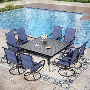 Captiva Designs 9pc Spacious Slat-top Square Metal Table with Umbrella Hole & Padded Textilene Swivel Chairs - 1 of 4