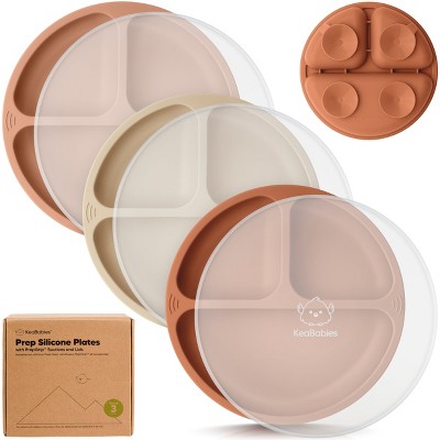 3-Pack Prep Suction Plates with Lids, 100% Silicone Baby Plates with Lid, BPA-Free Kids Divided Toddler Plates