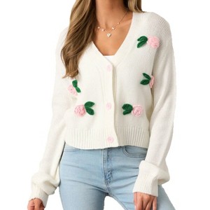 Coolmee Women's Floral Cardigan Long Sleeve Open Front Button Down V Neck Knitted Crop Sweaters - 1 of 4