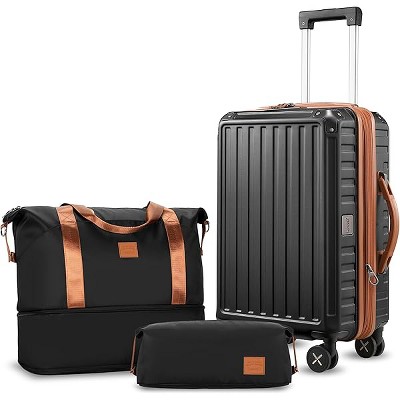 LUGGEX Carry On Luggage 3 Piece Set (20/Duffle Set), PC Expandable Hardshell Luggage with Spinner Wheels, Brown Black